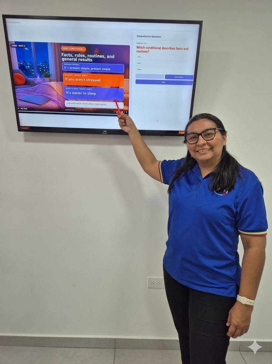 Docente de LET’S Institute muestra una actividad de ONES en la pantalla del salón
